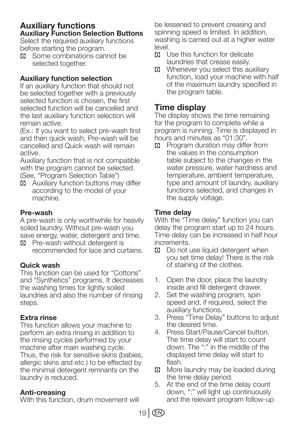 Auxiliary functions, Time display | Beko WMXD 760 S User Manual | Page 19 / 36