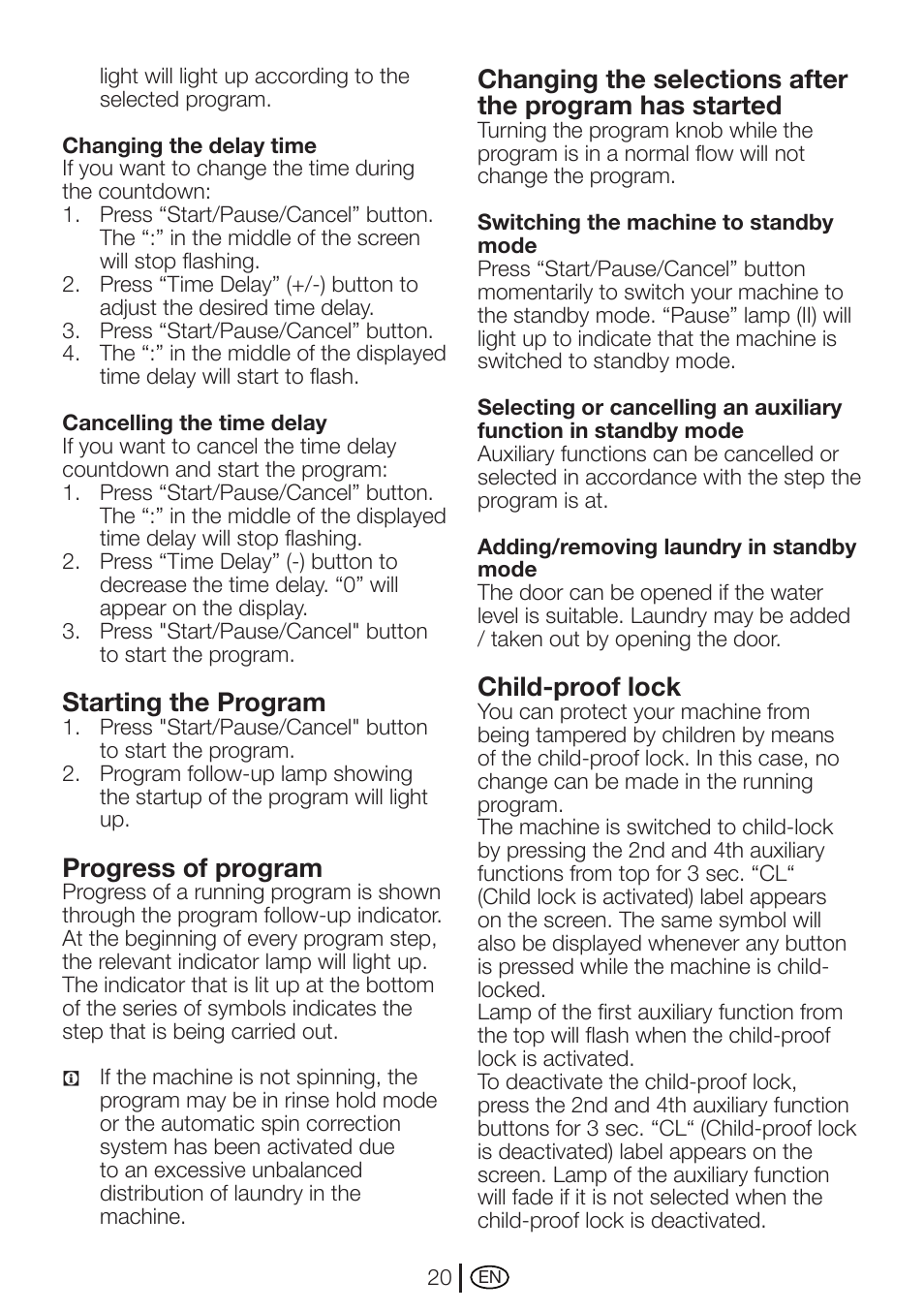 Starting the program, Progress of program, Child-proof lock | Beko WMXD 760 S User Manual | Page 20 / 36