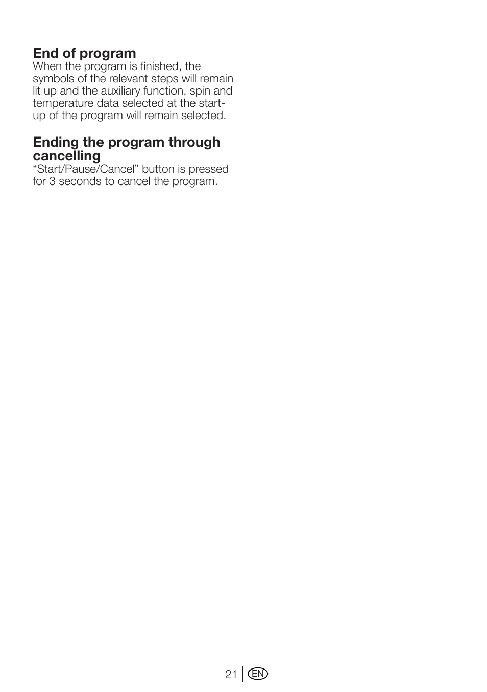 End of program, Ending the program through cancelling | Beko WMXD 760 S User Manual | Page 21 / 36