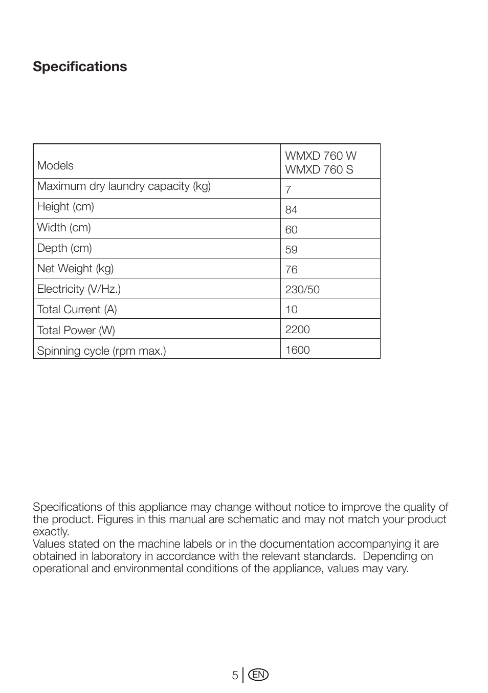 Specifications | Beko WMXD 760 S User Manual | Page 5 / 36