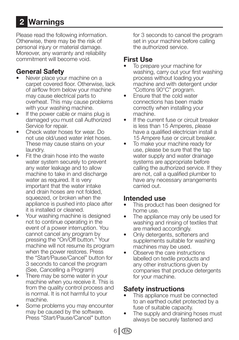 2warnings, General safety, First use | Intended use, Safety instructions | Beko WMXD 760 S User Manual | Page 6 / 36