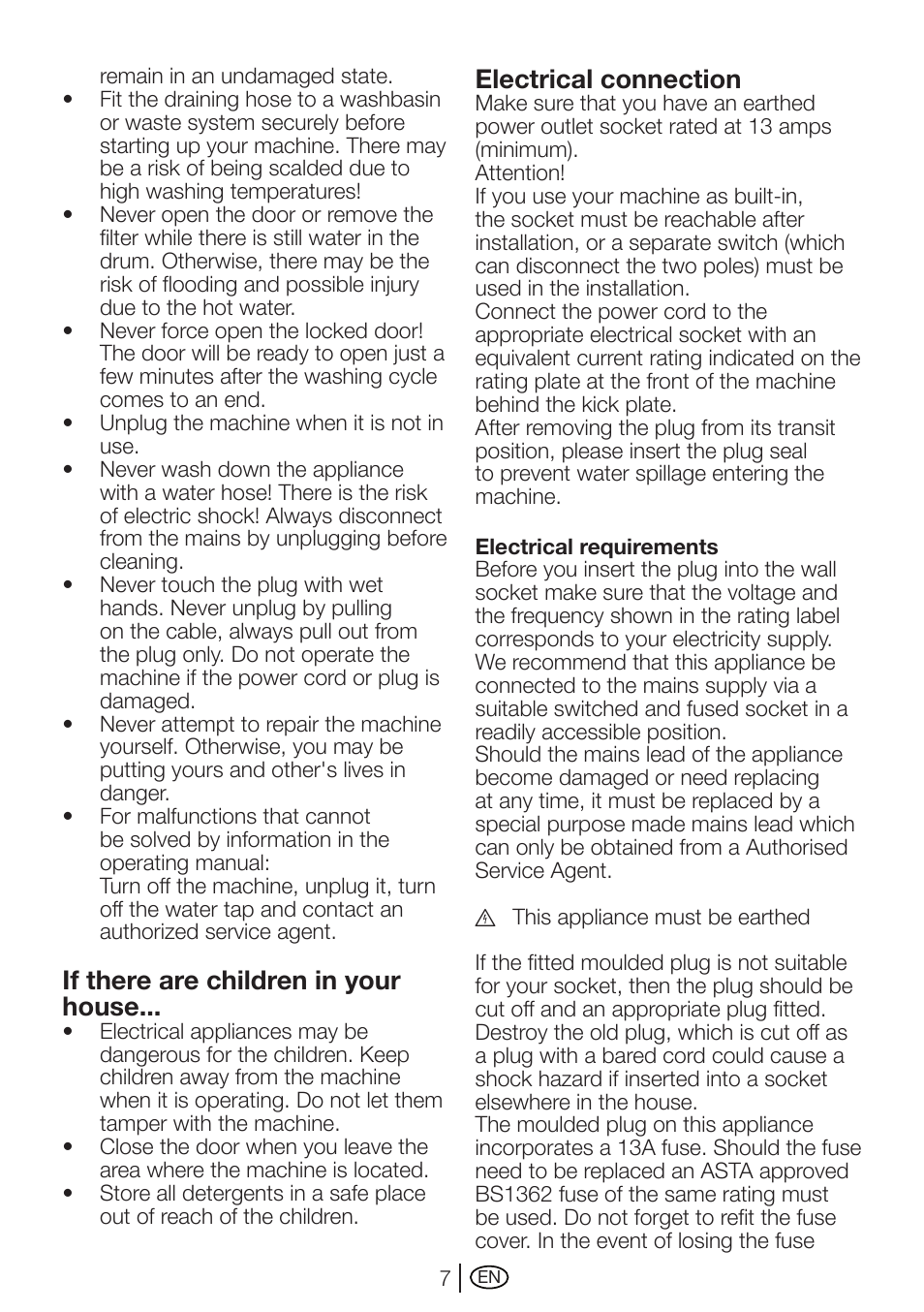 If there are children in your house, Electrical connection | Beko WMXD 760 S User Manual | Page 7 / 36