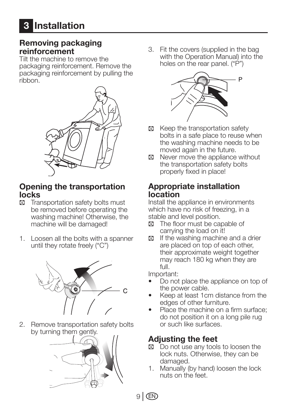 3installation, Removing packaging reinforcement, Opening the transportation locks | Appropriate installation location, Adjusting the feet | Beko WMXD 760 S User Manual | Page 9 / 36