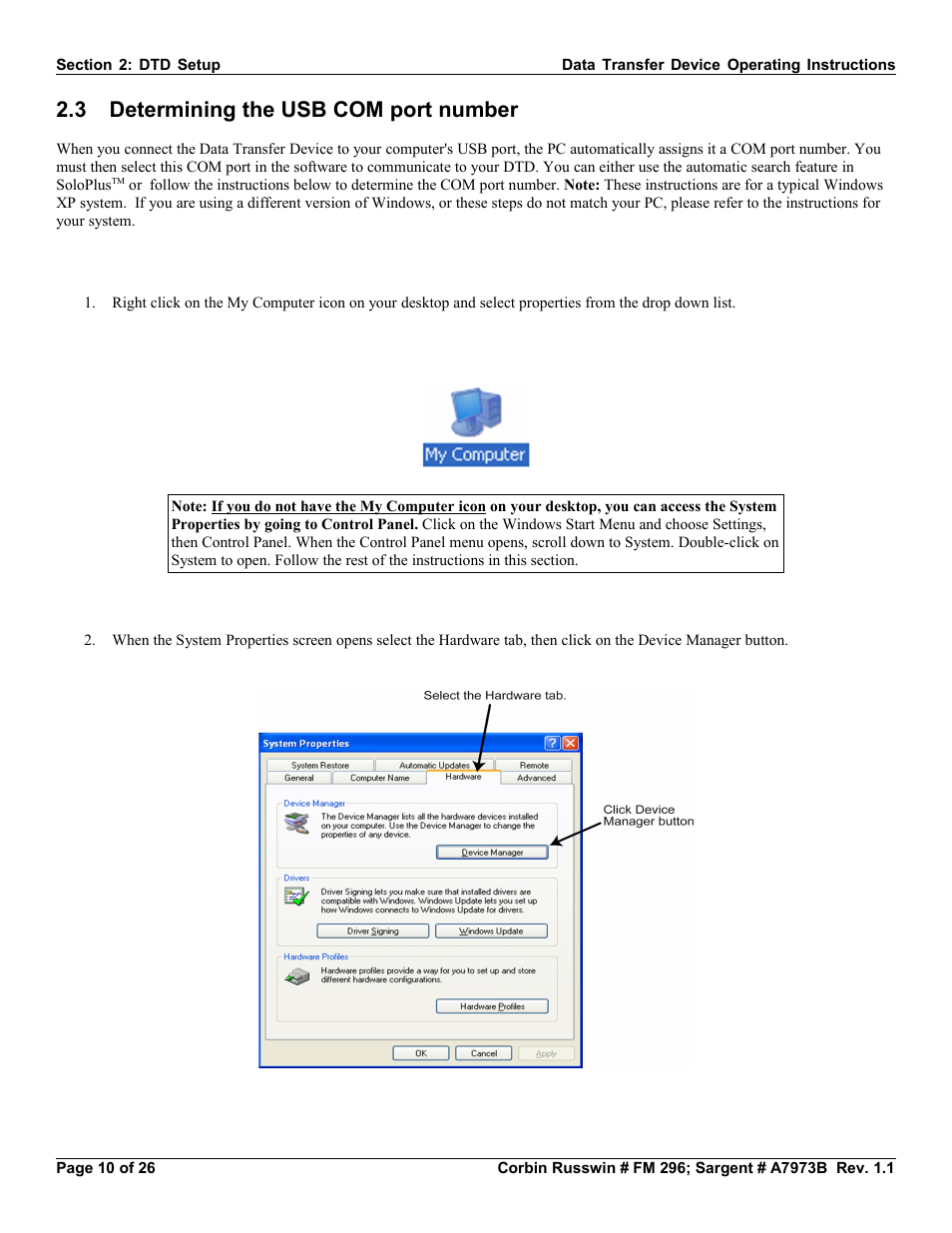 3 determining the usb com port number | SARGENT Profile Series v.G1.5 Exit Devices User Manual | Page 10 / 26
