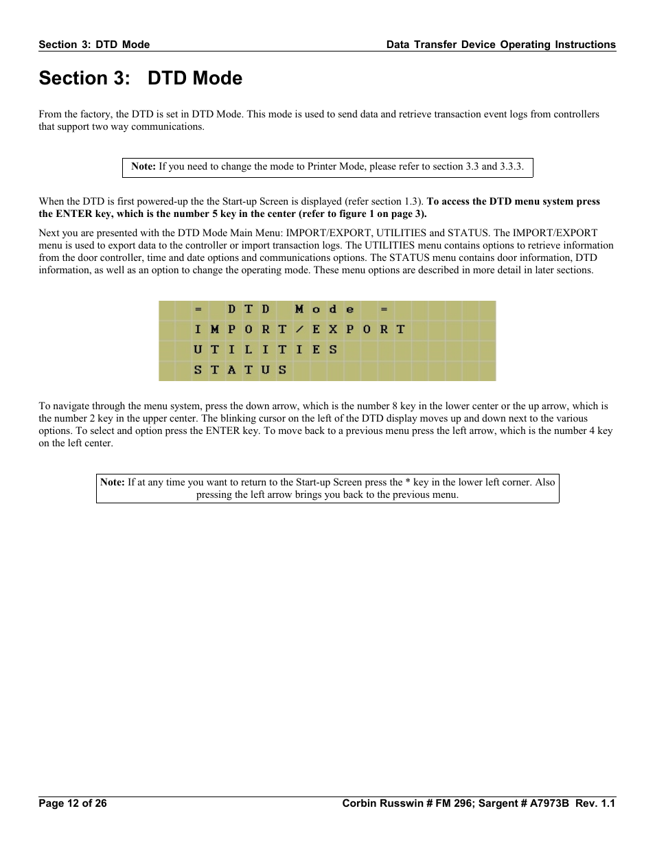 Section 3: dtd mode | SARGENT Profile Series v.G1.5 Exit Devices User Manual | Page 12 / 26