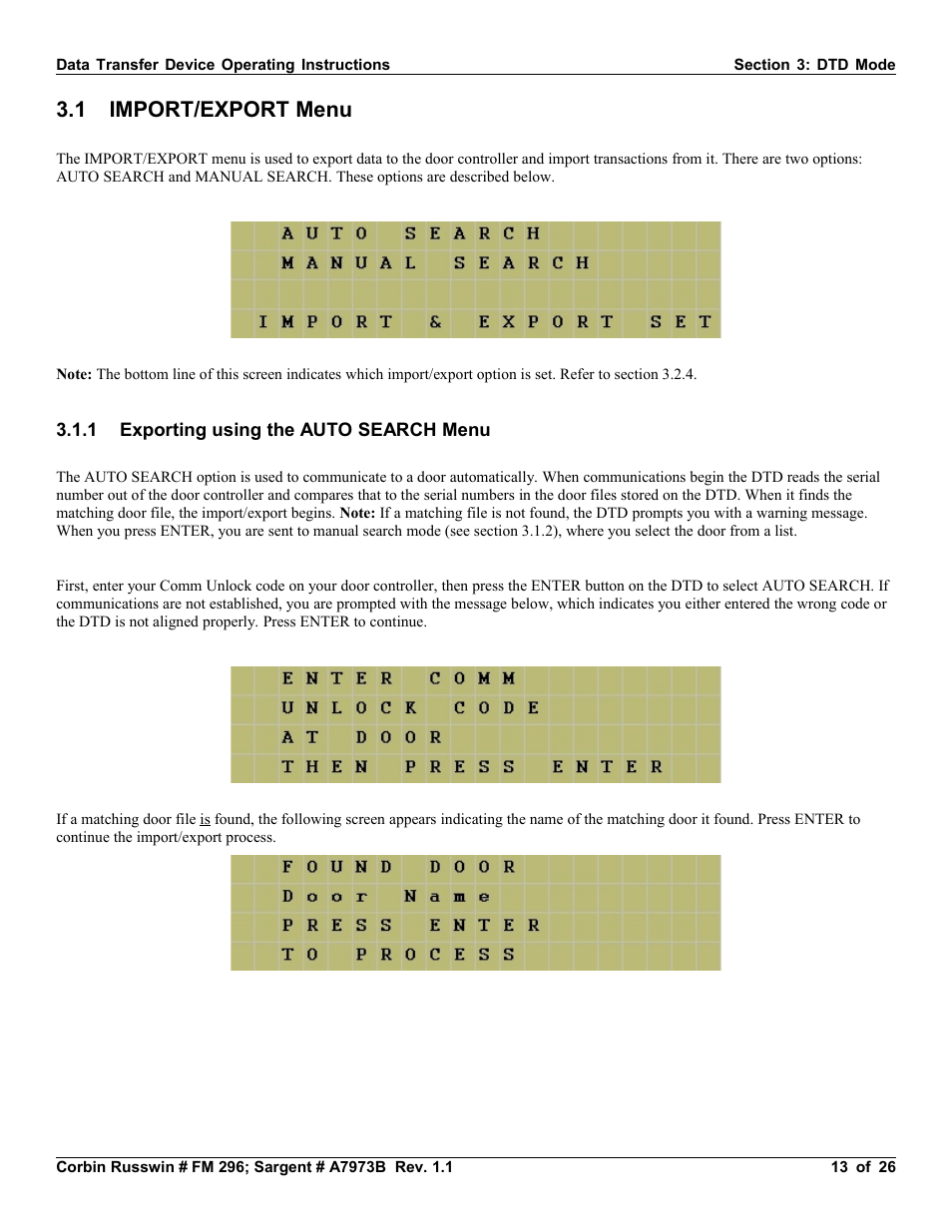 1 import/export menu, 1 exporting using the auto search menu | SARGENT Profile Series v.G1.5 Exit Devices User Manual | Page 13 / 26