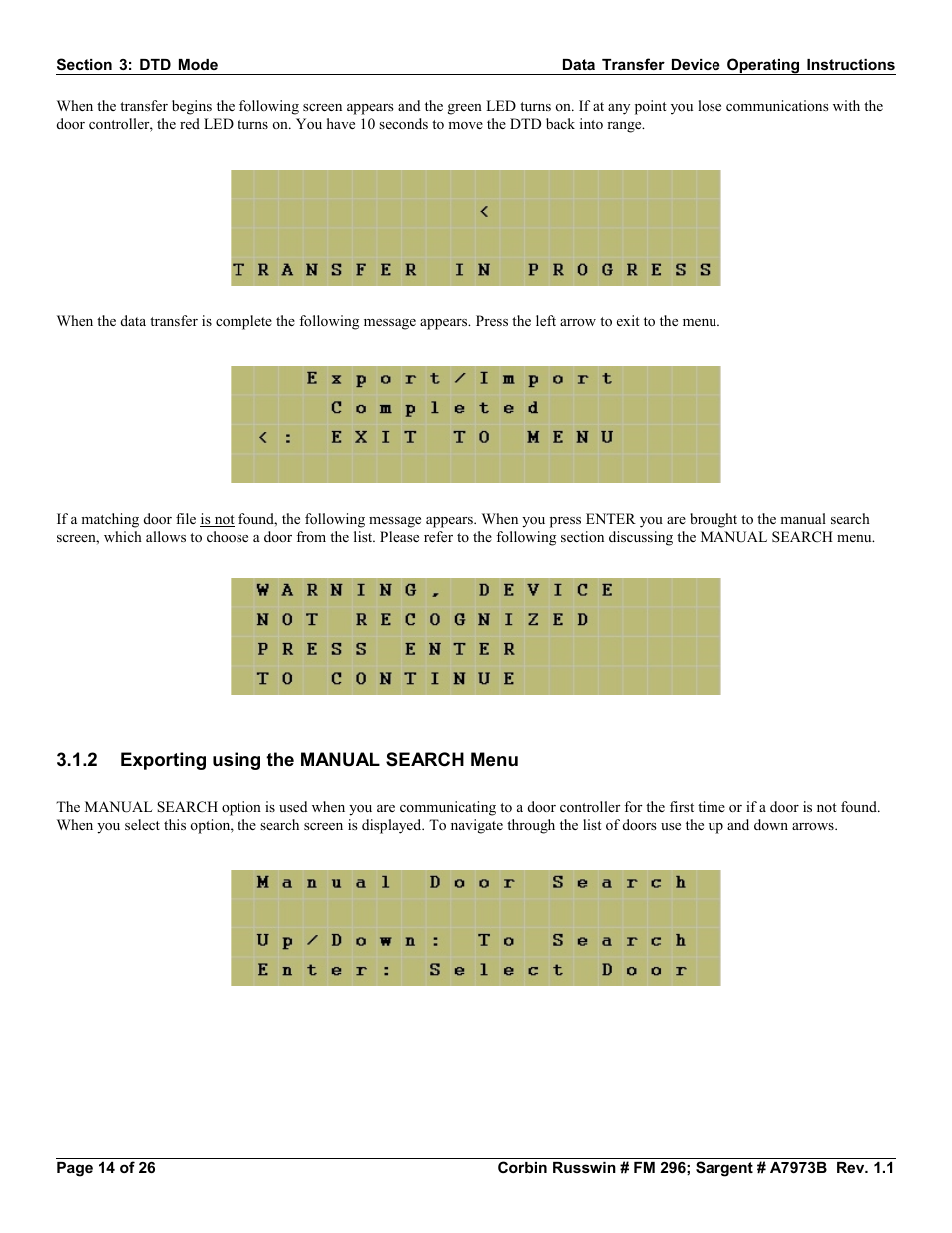 2 exporting using the manual search menu | SARGENT Profile Series v.G1.5 Exit Devices User Manual | Page 14 / 26