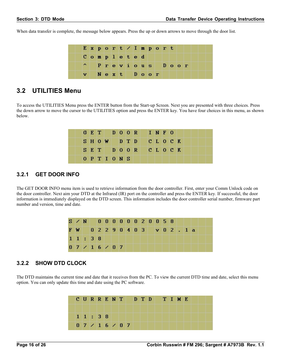 2 utilities menu, 1 get door info, 2 show dtd clock | 1 get door info 3.2.2 show dtd clock | SARGENT Profile Series v.G1.5 Exit Devices User Manual | Page 16 / 26