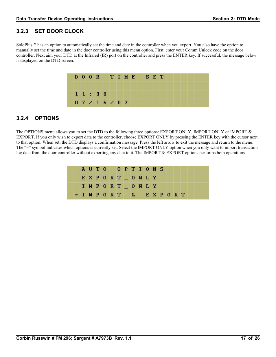 3 set door clock, 4 options, 3 set door clock 3.2.4 options | SARGENT Profile Series v.G1.5 Exit Devices User Manual | Page 17 / 26