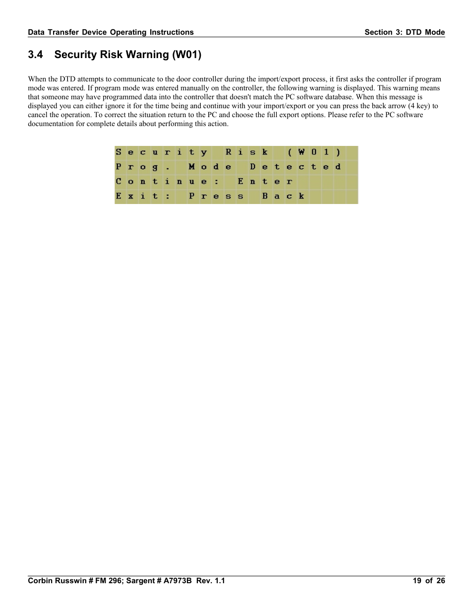 4 security risk warning (w01) | SARGENT Profile Series v.G1.5 Exit Devices User Manual | Page 19 / 26