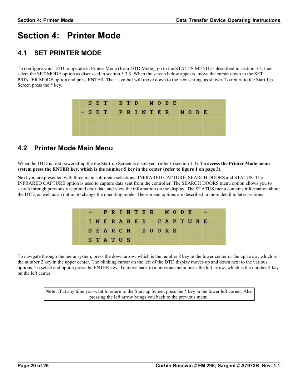 Section 4: printer mode, 1 set printer mode, 2 printer mode main menu | 1 set printer mode 4.2 printer mode main menu | SARGENT Profile Series v.G1.5 Exit Devices User Manual | Page 20 / 26