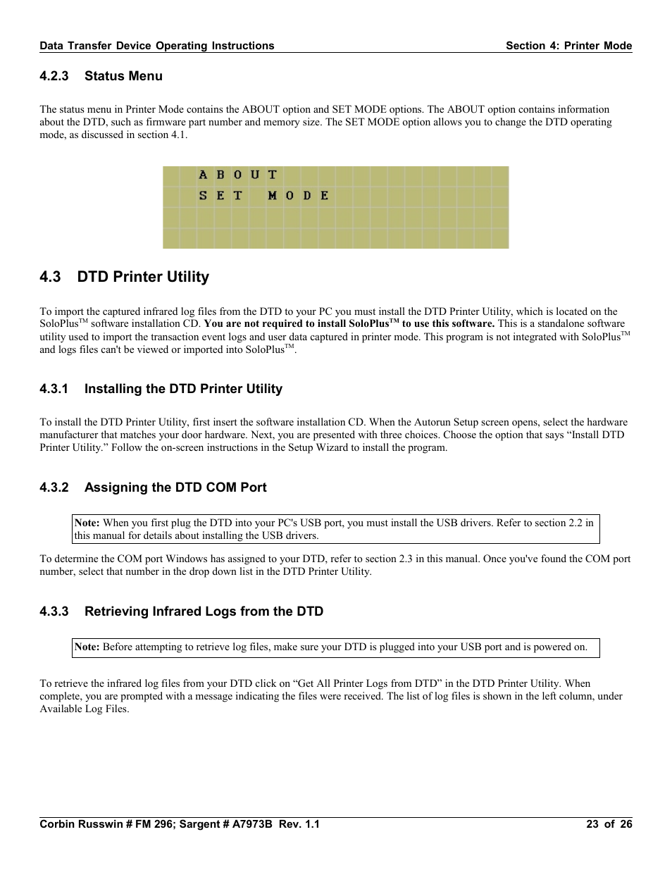 3 status menu, 3 dtd printer utility, 1 installing the dtd printer utility | 2 assigning the dtd com port, 3 retrieving infrared logs from the dtd | SARGENT Profile Series v.G1.5 Exit Devices User Manual | Page 23 / 26