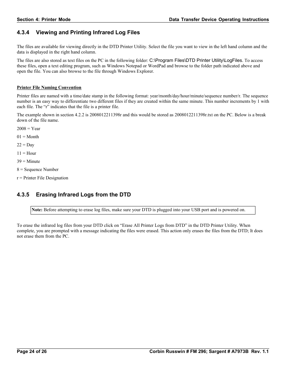 4 viewing and printing infrared log files, 5 erasing infrared logs from the dtd | SARGENT Profile Series v.G1.5 Exit Devices User Manual | Page 24 / 26