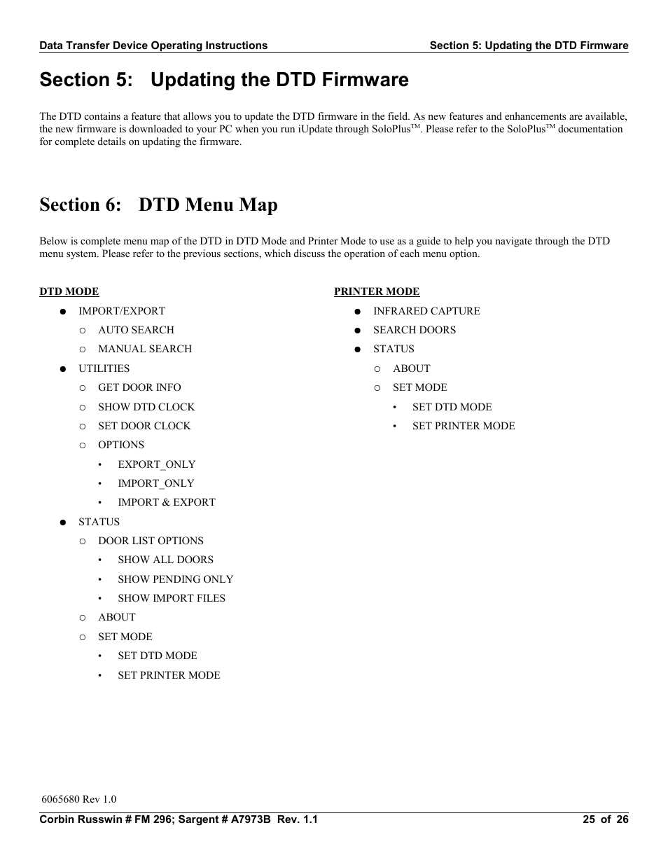 Section 5: updating the dtd firmware, Section 6: dtd menu map | SARGENT Profile Series v.G1.5 Exit Devices User Manual | Page 25 / 26