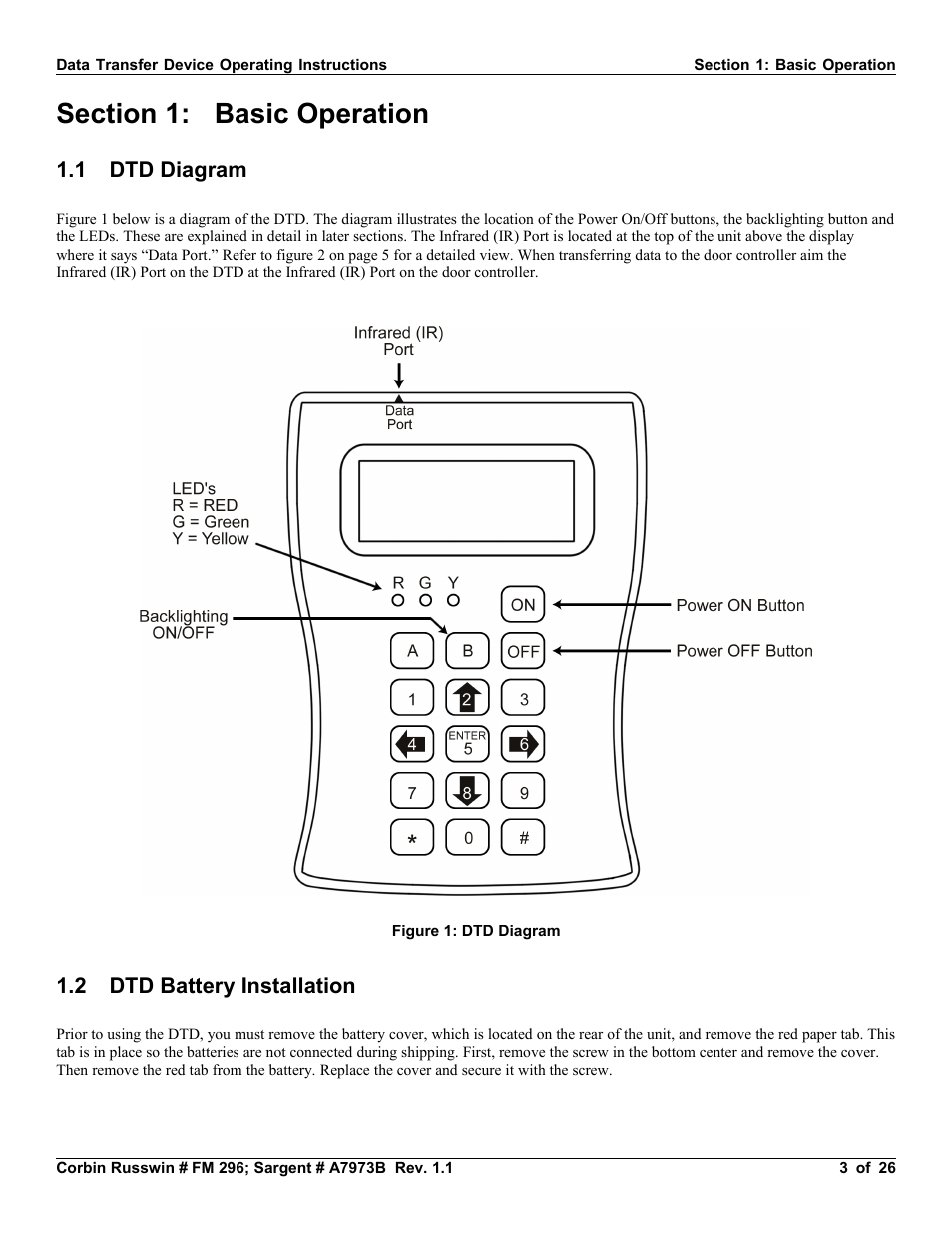 Section 1: basic operation, 1 dtd diagram, 2 dtd battery installation | 1 dtd diagram 1.2 dtd battery installation | SARGENT Profile Series v.G1.5 Exit Devices User Manual | Page 3 / 26