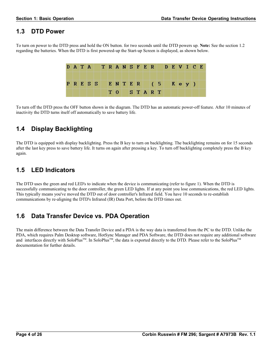 3 dtd power, 4 display backlighting, 5 led indicators | 6 data transfer device vs. pda operation | SARGENT Profile Series v.G1.5 Exit Devices User Manual | Page 4 / 26