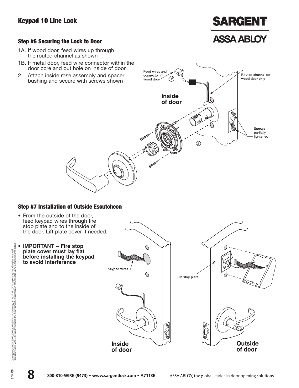 Keypad 10 line lock, Step #6 securing the lock to door, Step #7 installation of outside escutcheon | SARGENT Keypad Cylindrical Locks User Manual | Page 10 / 26