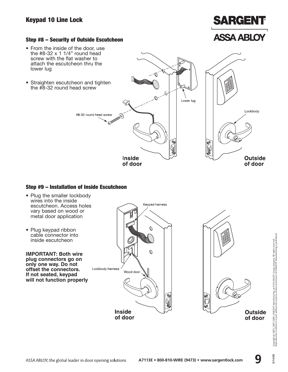 Keypad 10 line lock, Step #8 – security of outside escutcheon, Step #9 – installation of inside escutcheon | SARGENT Keypad Cylindrical Locks User Manual | Page 11 / 26