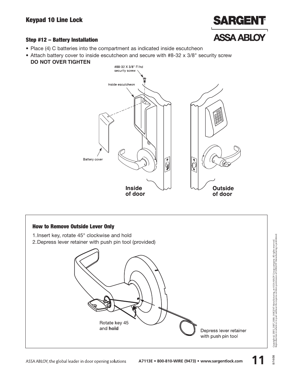 Keypad 10 line lock, Step #12 – battery installation, How to remove outside lever only | SARGENT Keypad Cylindrical Locks User Manual | Page 13 / 26