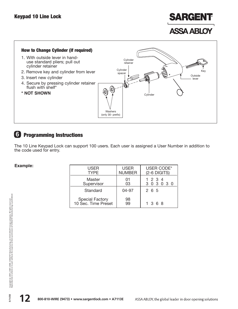 Keypad 10 line lock, Programming instructions, How to change cylinder (if required) | SARGENT Keypad Cylindrical Locks User Manual | Page 14 / 26