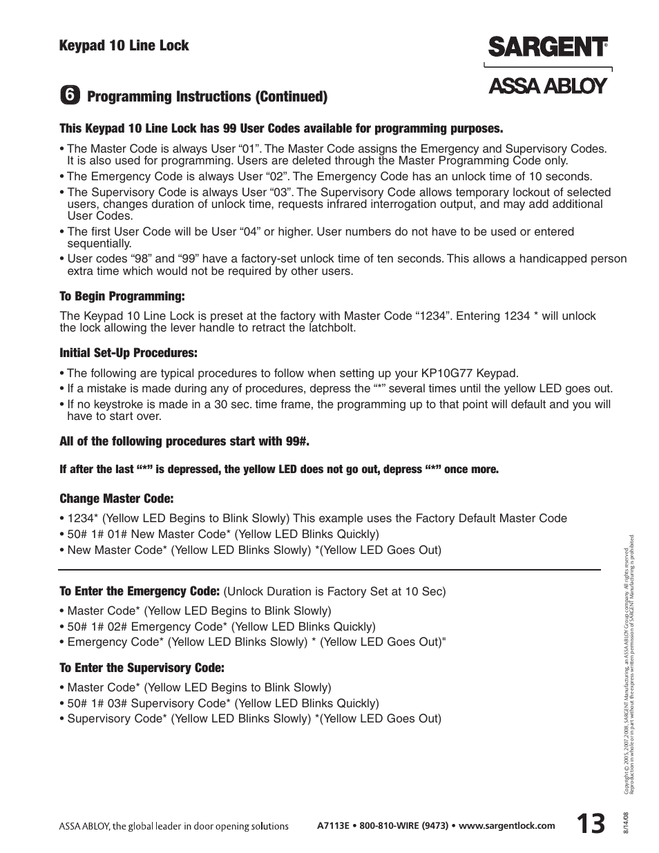 Keypad 10 line lock, Programming instructions (continued), Initial set-up procedures | All of the following procedures start with 99, Change master code | SARGENT Keypad Cylindrical Locks User Manual | Page 15 / 26