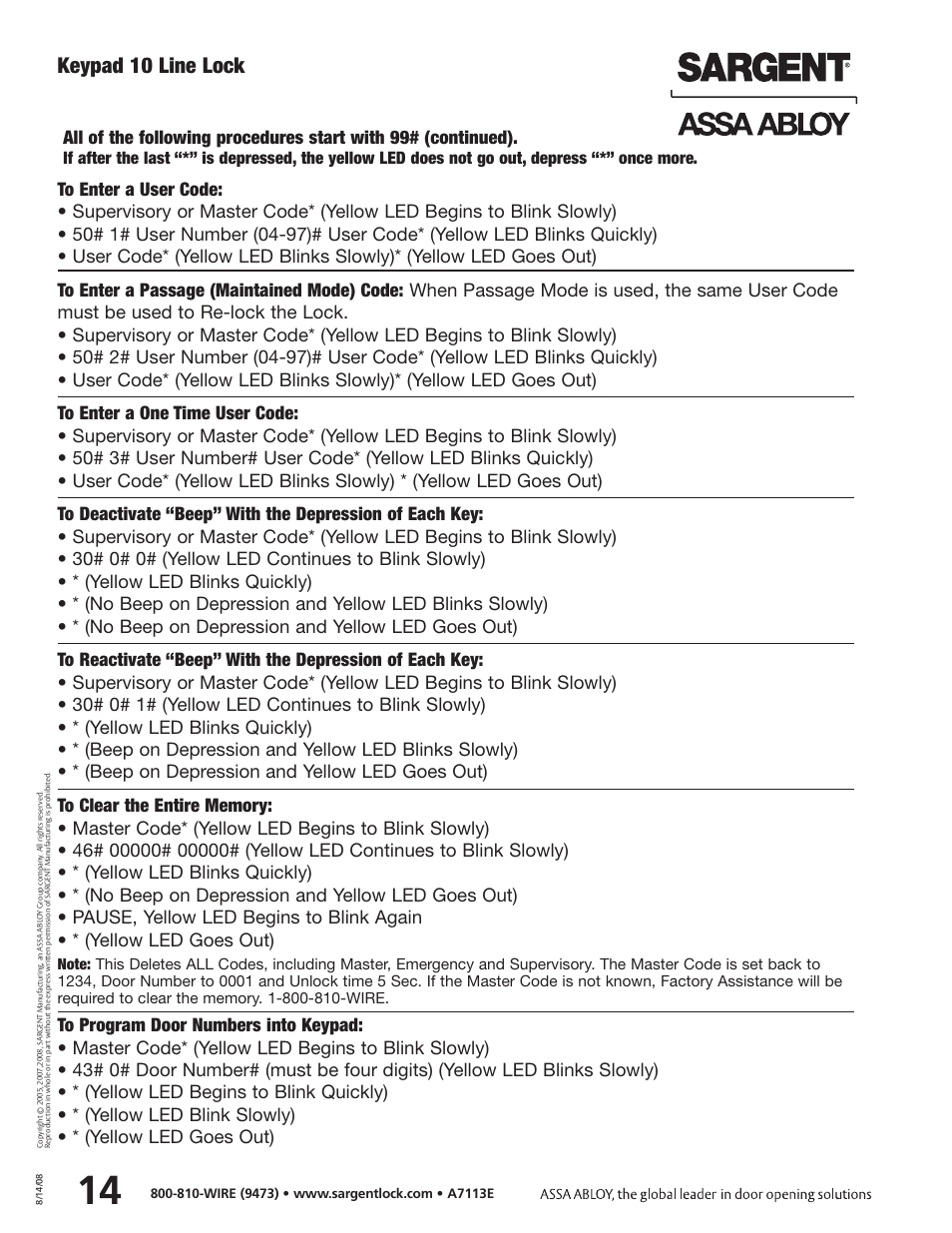 Keypad 10 line lock | SARGENT Keypad Cylindrical Locks User Manual | Page 16 / 26