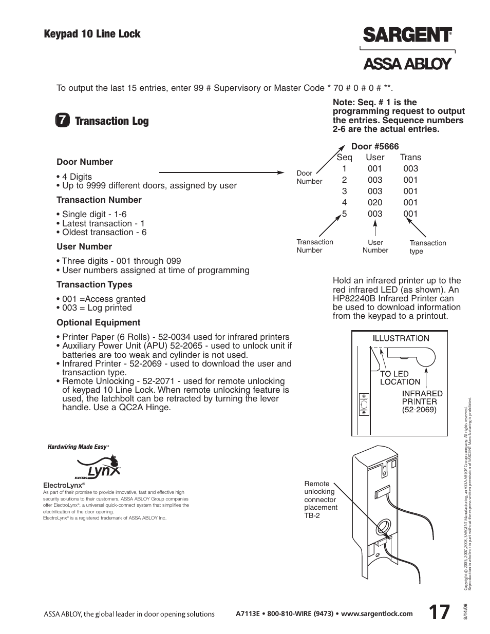 Keypad 10 line lock, Transaction log | SARGENT Keypad Cylindrical Locks User Manual | Page 19 / 26