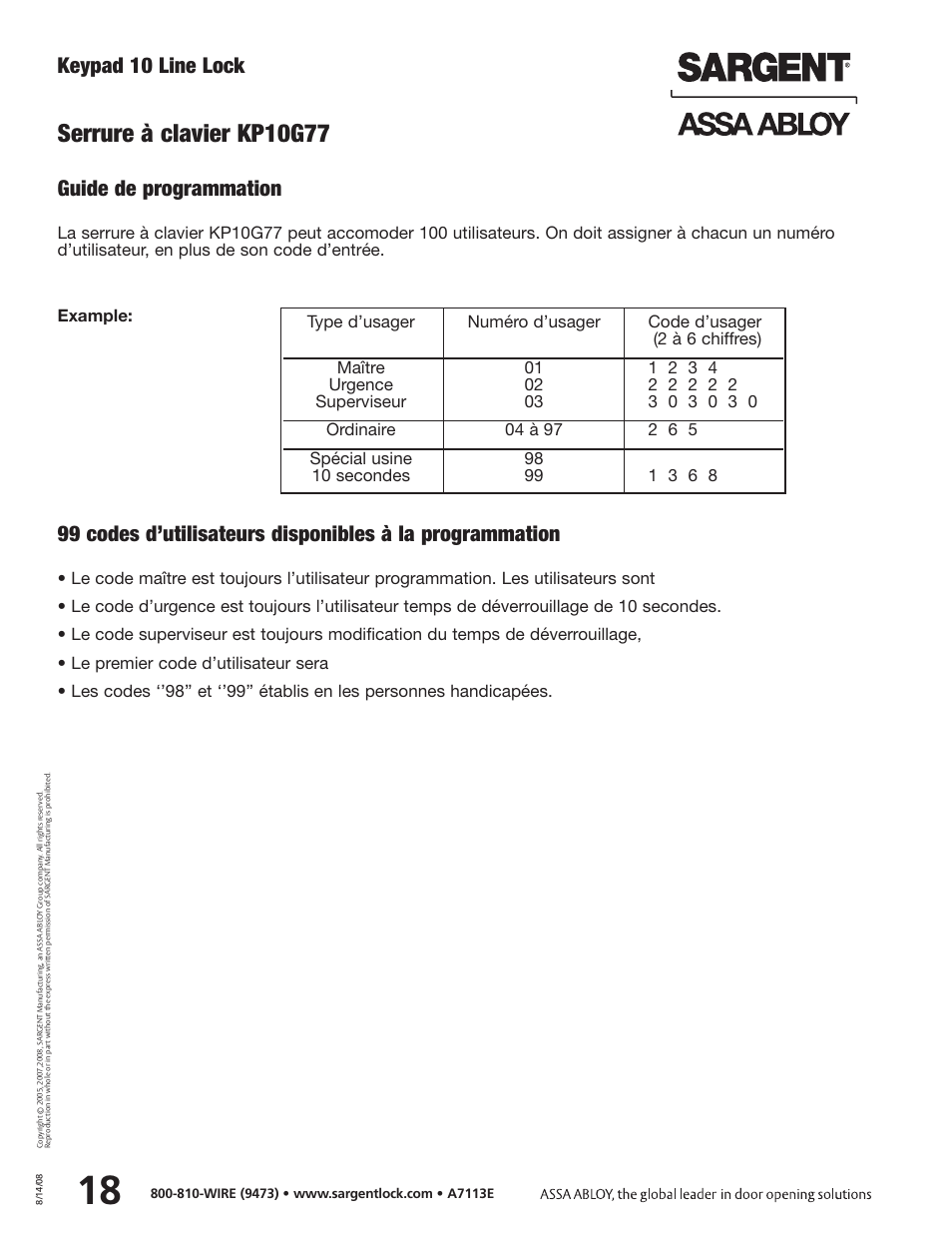 Serrure à clavier kp10g77, Keypad 10 line lock, Guide de programmation | SARGENT Keypad Cylindrical Locks User Manual | Page 20 / 26