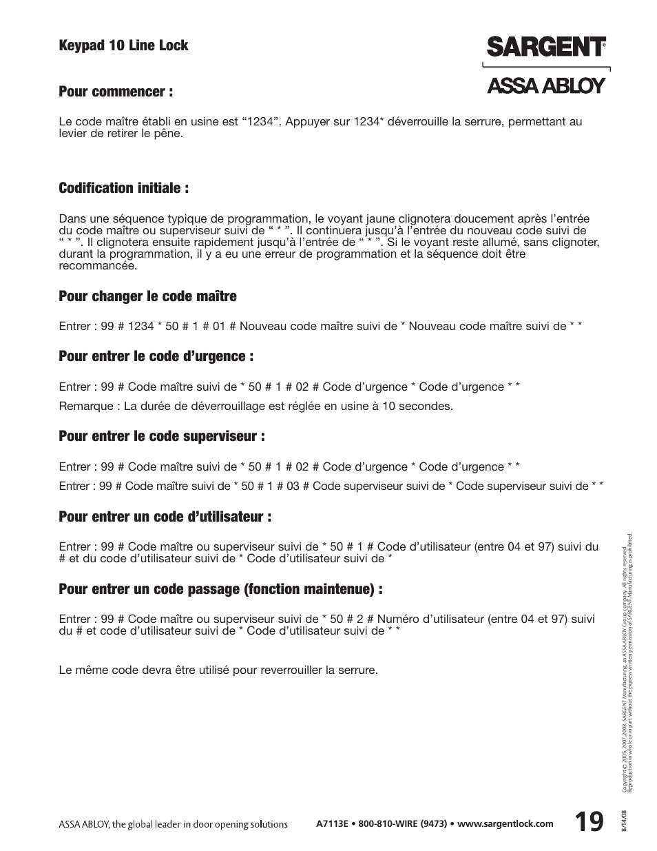 Keypad 10 line lock, Pour commencer, Codification initiale | Pour changer le code maître, Pour entrer le code d’urgence, Pour entrer le code superviseur, Pour entrer un code d’utilisateur, Pour entrer un code passage (fonction maintenue) | SARGENT Keypad Cylindrical Locks User Manual | Page 21 / 26
