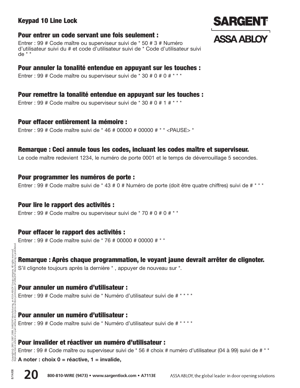 Pour entrer un code servant une fois seulement, Pour effacer entièrement la mémoire, Pour programmer les numéros de porte | Pour lire le rapport des activités, Pour effacer le rapport des activités, Pour annuler un numéro d’utilisateur, Keypad 10 line lock | SARGENT Keypad Cylindrical Locks User Manual | Page 22 / 26
