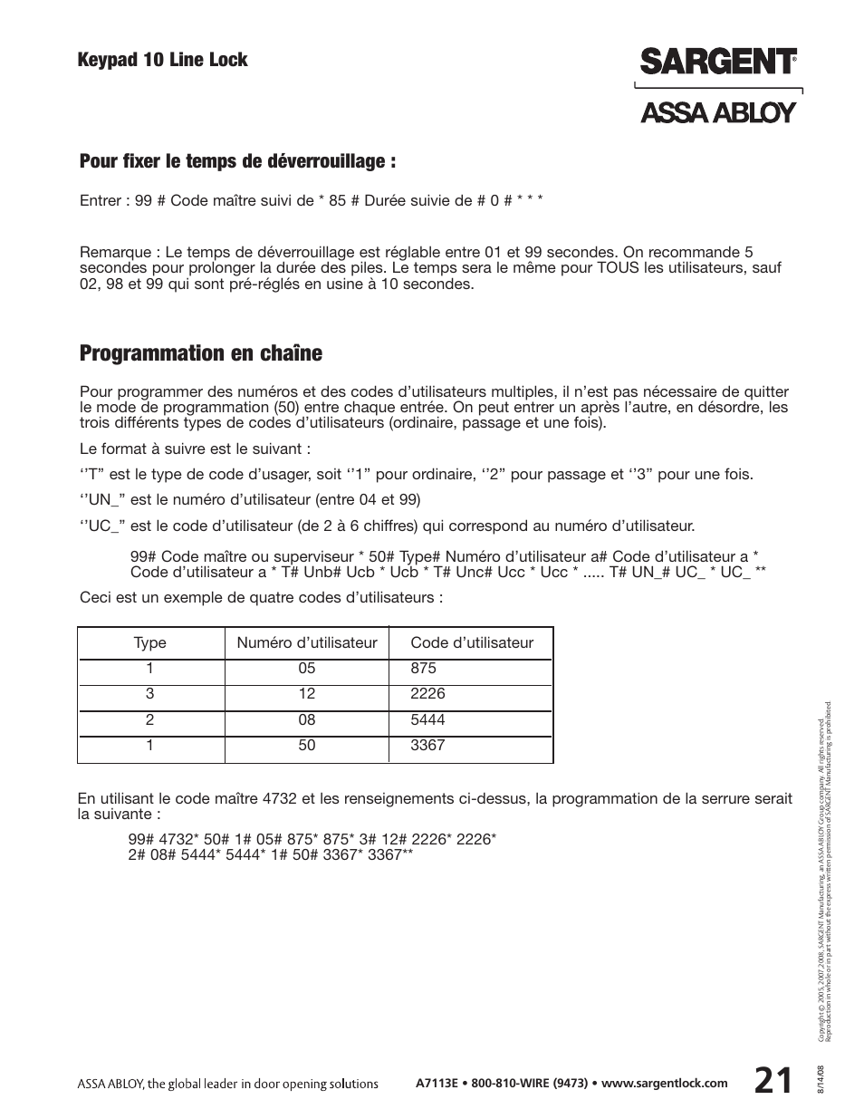 Programmation en chaîne, Pour fixer le temps de déverrouillage, Keypad 10 line lock | SARGENT Keypad Cylindrical Locks User Manual | Page 23 / 26