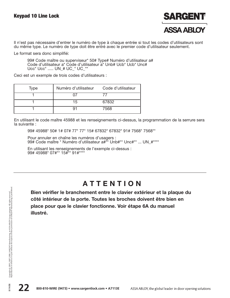 Keypad 10 line lock | SARGENT Keypad Cylindrical Locks User Manual | Page 24 / 26