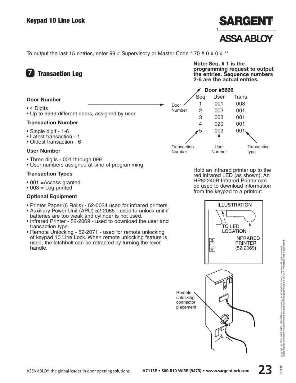 Keypad 10 line lock, Transaction log, Remote unlocking connector placement | SARGENT Keypad Cylindrical Locks User Manual | Page 25 / 26