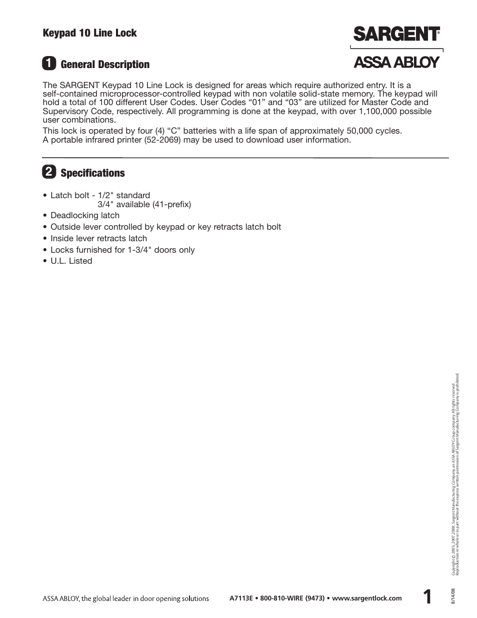 Keypad 10 line lock, General description, Specifications | SARGENT Keypad Cylindrical Locks User Manual | Page 3 / 26