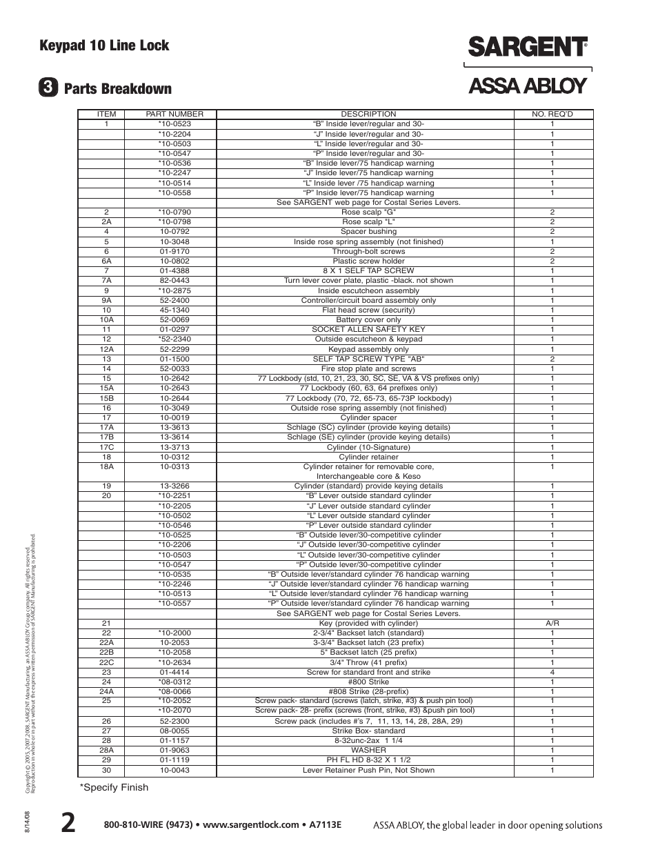 Keypad 10 line lock, Parts breakdown, Specify finish | SARGENT Keypad Cylindrical Locks User Manual | Page 4 / 26