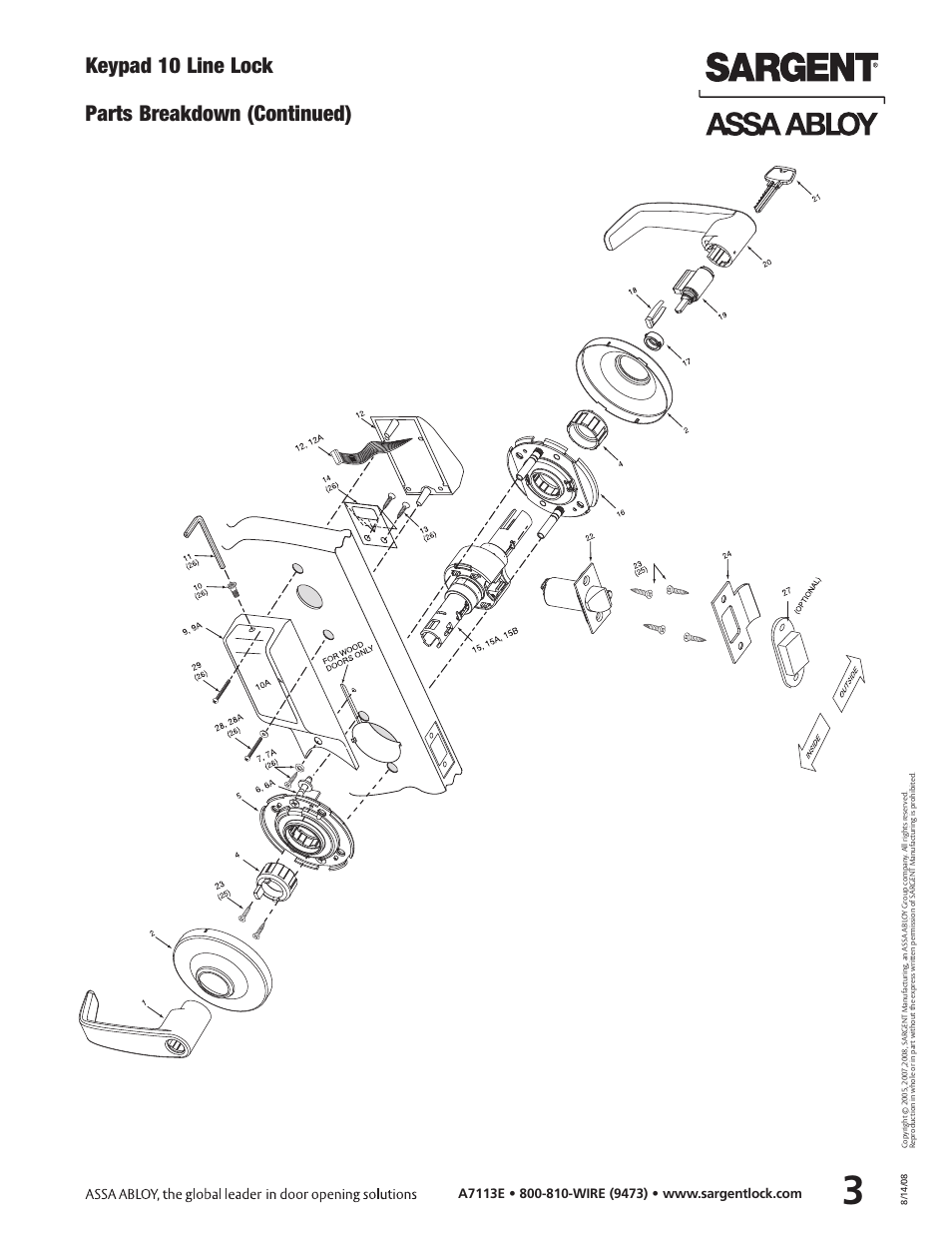 Keypad 10 line lock, Parts breakdown (continued) | SARGENT Keypad Cylindrical Locks User Manual | Page 5 / 26