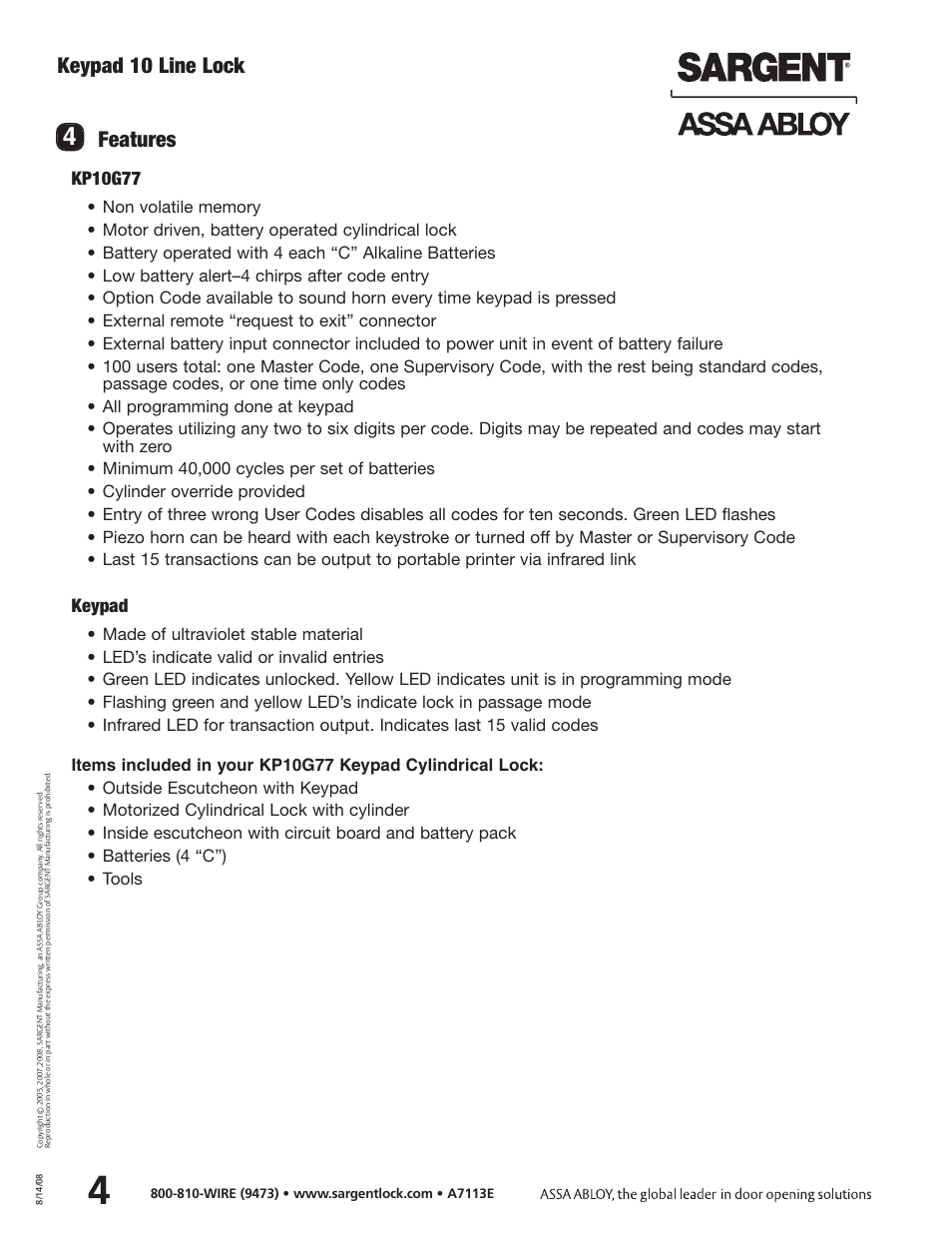 Keypad 10 line lock, Features, Kp10g77 | Keypad | SARGENT Keypad Cylindrical Locks User Manual | Page 6 / 26