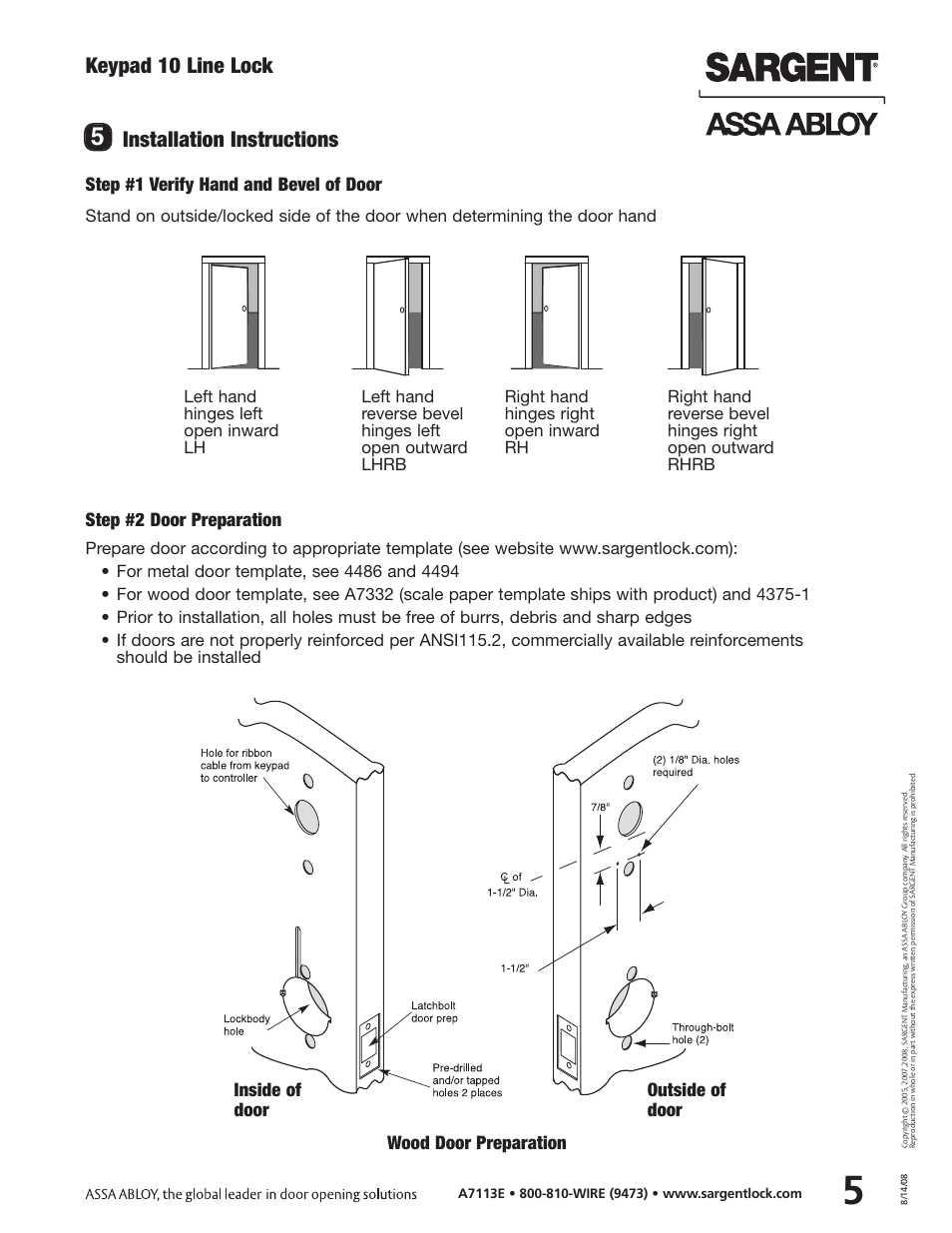 Keypad 10 line lock, Installation instructions, Step #2 door preparation | Step #1 verify hand and bevel of door, Wood door preparation, Inside of door outside of door | SARGENT Keypad Cylindrical Locks User Manual | Page 7 / 26