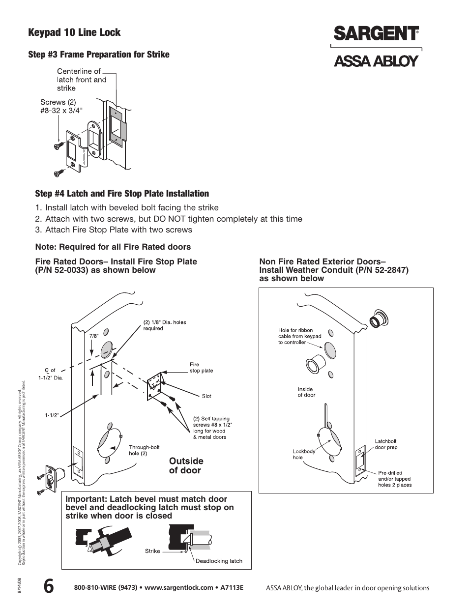Keypad 10 line lock, Step #3 frame preparation for strike, Step #4 latch and fire stop plate installation | SARGENT Keypad Cylindrical Locks User Manual | Page 8 / 26