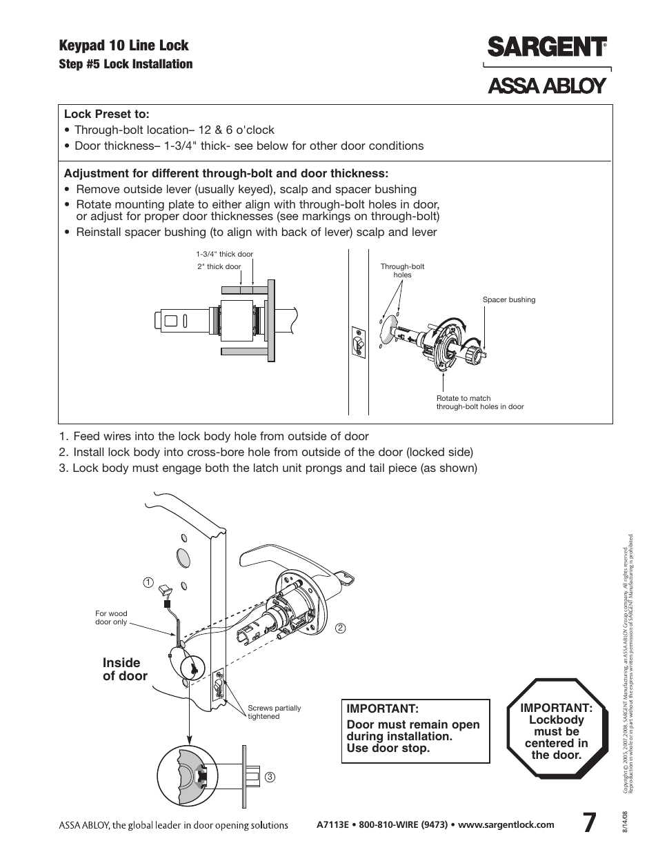 Keypad 10 line lock, Inside of door, Step #5 lock installation | SARGENT Keypad Cylindrical Locks User Manual | Page 9 / 26