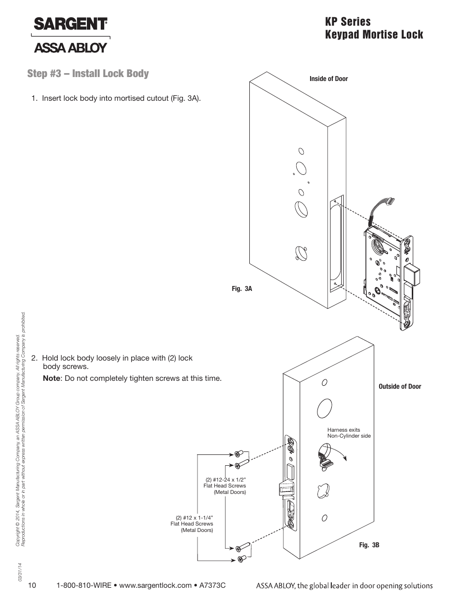Kp series keypad mortise lock, Step #3 – install lock body | SARGENT Keypad Exit Devices User Manual | Page 10 / 23