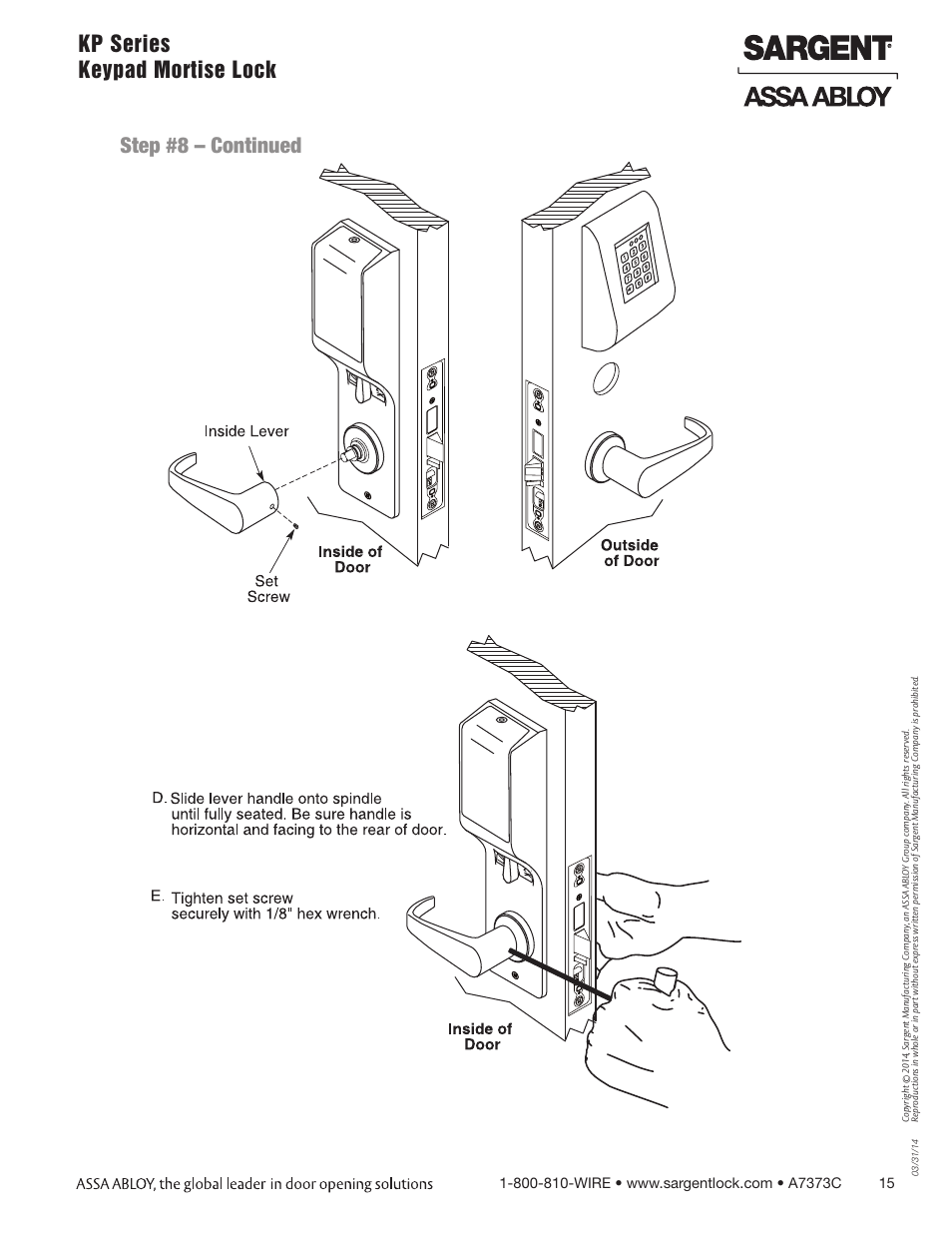Kp series keypad mortise lock step #8 – continued | SARGENT Keypad Exit Devices User Manual | Page 15 / 23