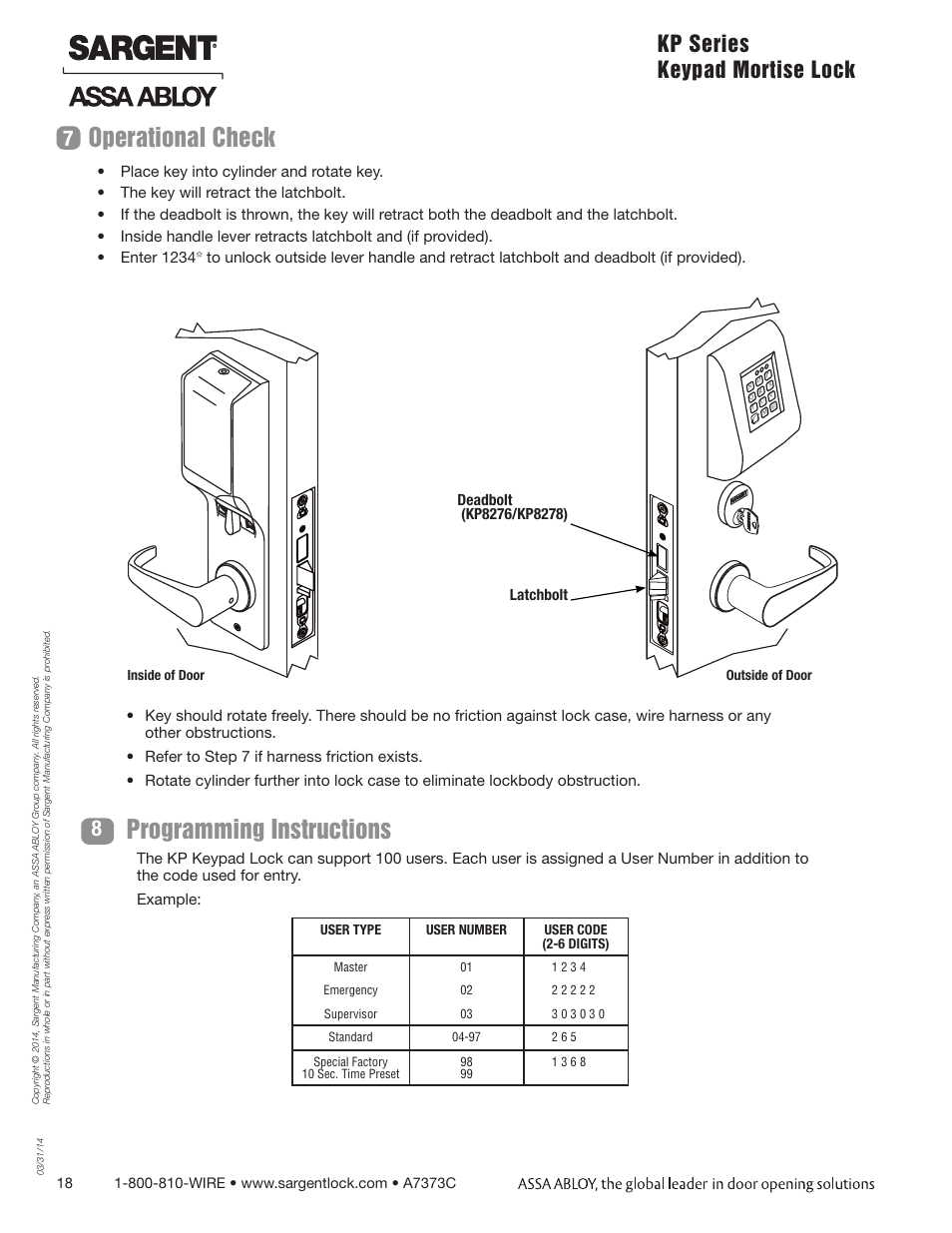 Operational check, Programming instructions, Kp series keypad mortise lock 7 | SARGENT Keypad Exit Devices User Manual | Page 18 / 23
