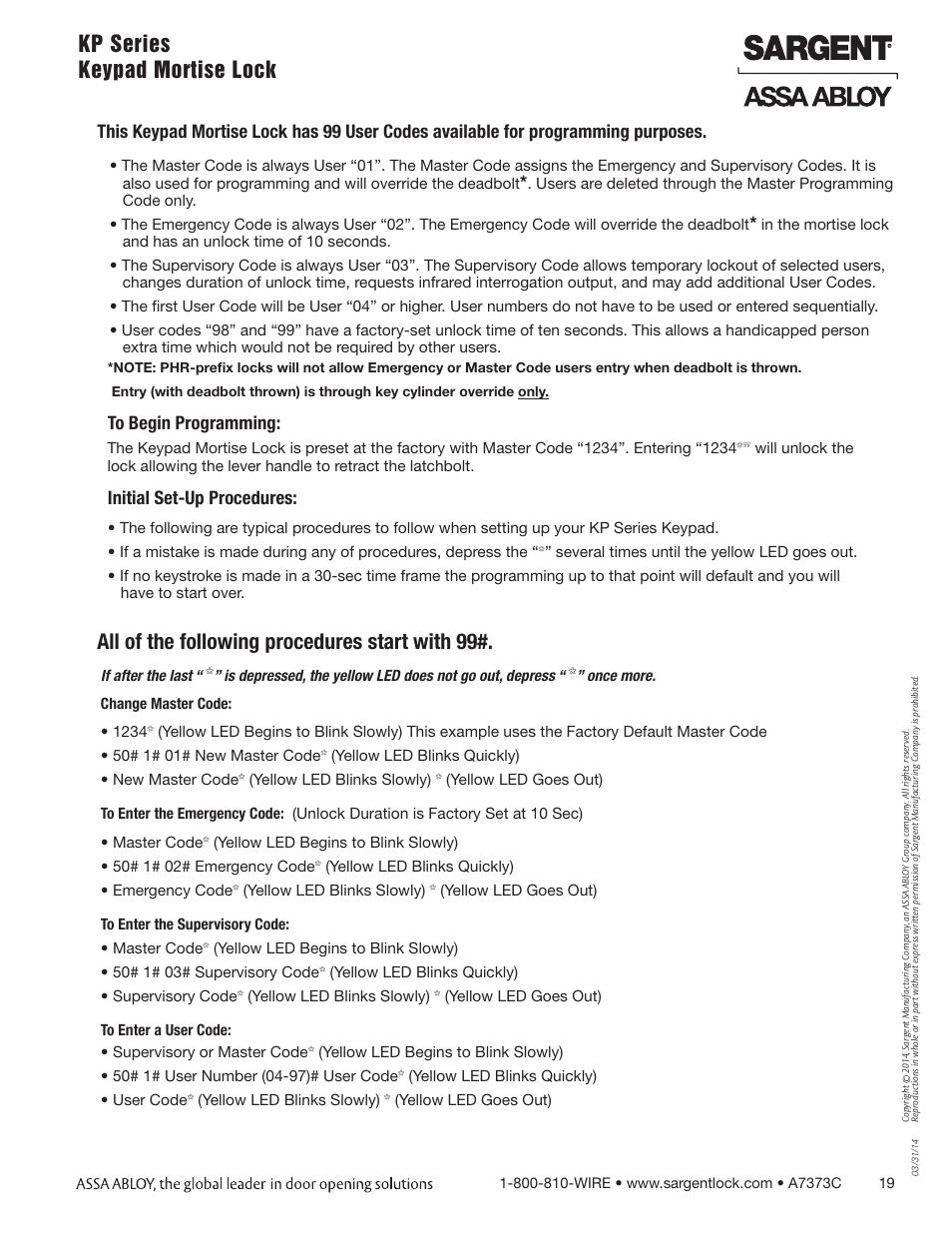 Kp series keypad mortise lock, All of the following procedures start with 99, Initial set-up procedures | SARGENT Keypad Exit Devices User Manual | Page 19 / 23