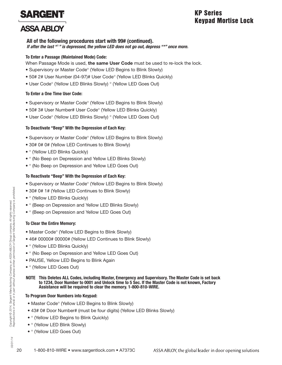 Kp series keypad mortise lock | SARGENT Keypad Exit Devices User Manual | Page 20 / 23