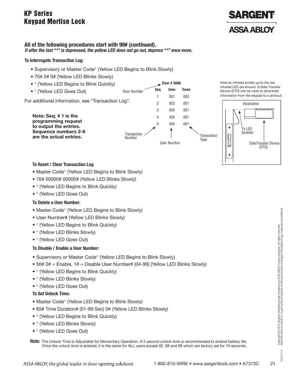 Kp series keypad mortise lock | SARGENT Keypad Exit Devices User Manual | Page 21 / 23