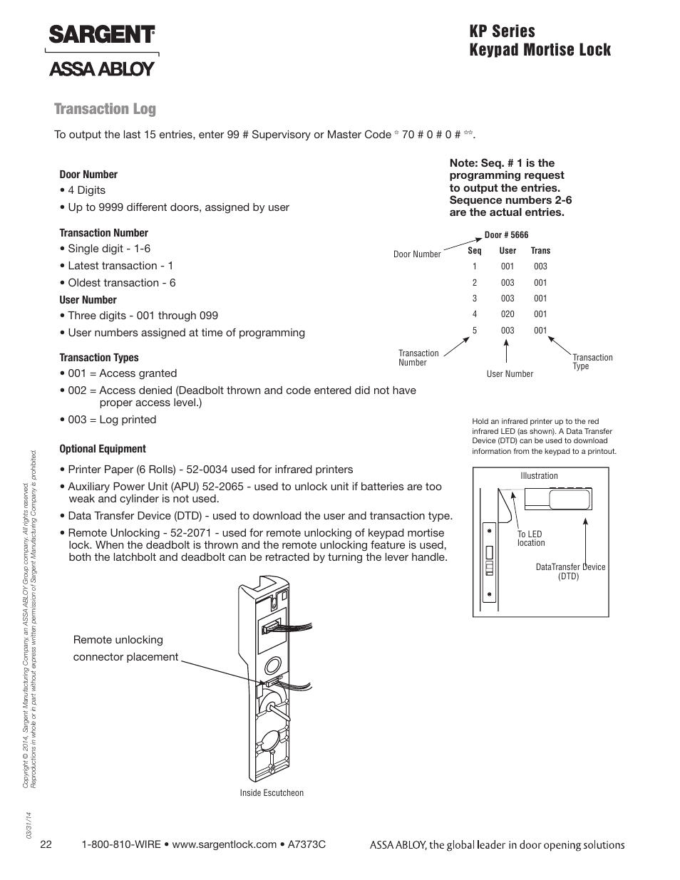 Kp series keypad mortise lock transaction log | SARGENT Keypad Exit Devices User Manual | Page 22 / 23