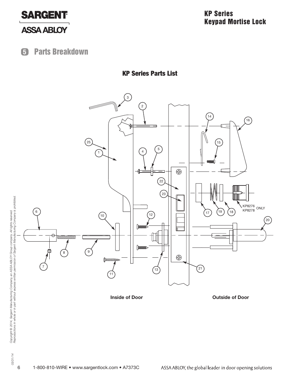 Parts breakdown, Kp series keypad mortise lock 5, Kp series parts list | SARGENT Keypad Exit Devices User Manual | Page 6 / 23