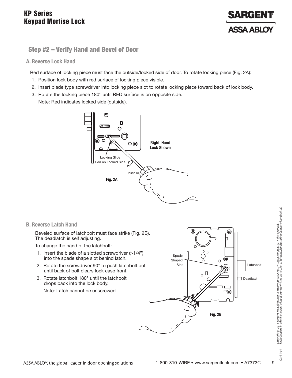 Kp series keypad mortise lock, Step #2 – verify hand and bevel of door, B. reverse latch hand | A. reverse lock hand | SARGENT Keypad Exit Devices User Manual | Page 9 / 23