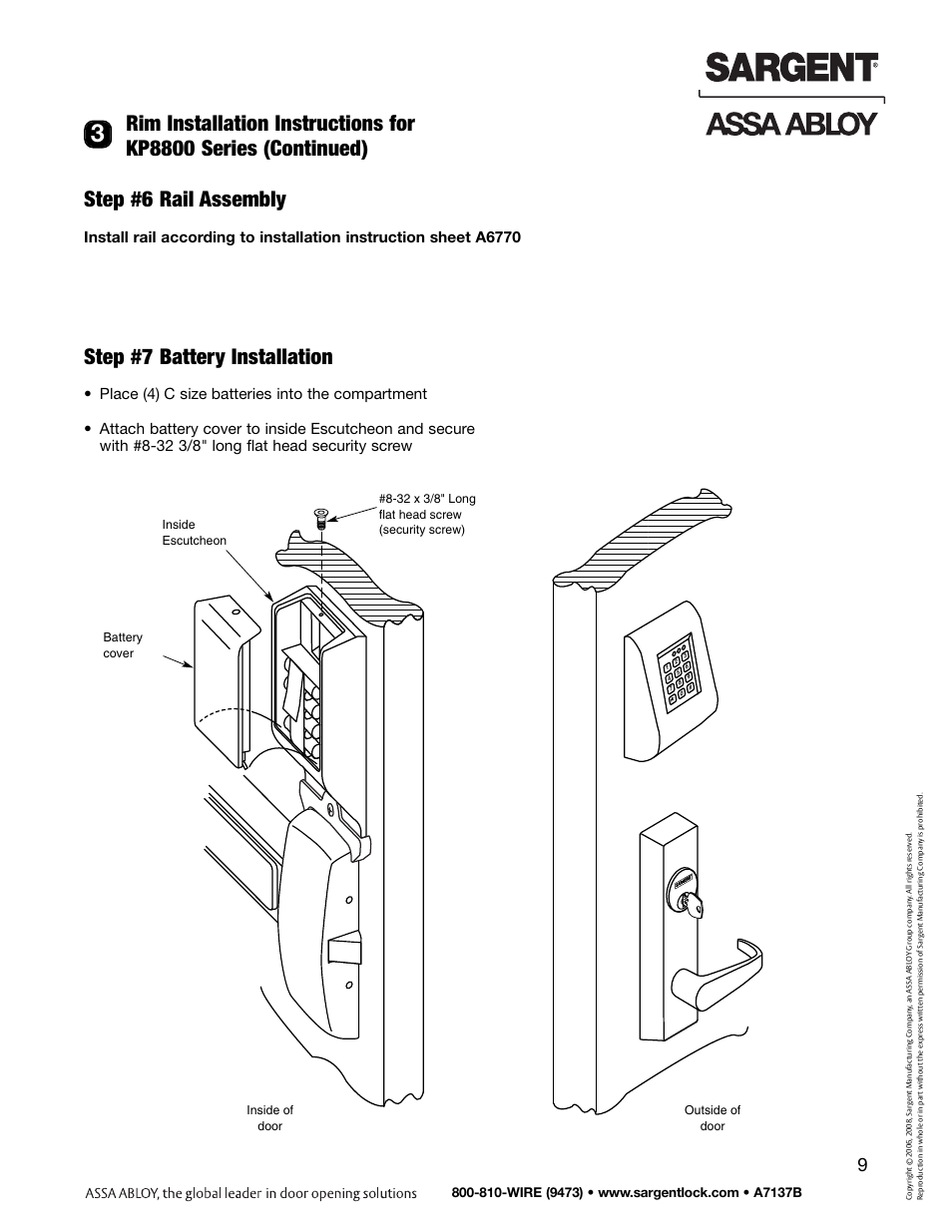 Step #7 battery installation, Step #6 rail assembly | SARGENT Keypad Exit Devices User Manual | Page 11 / 26